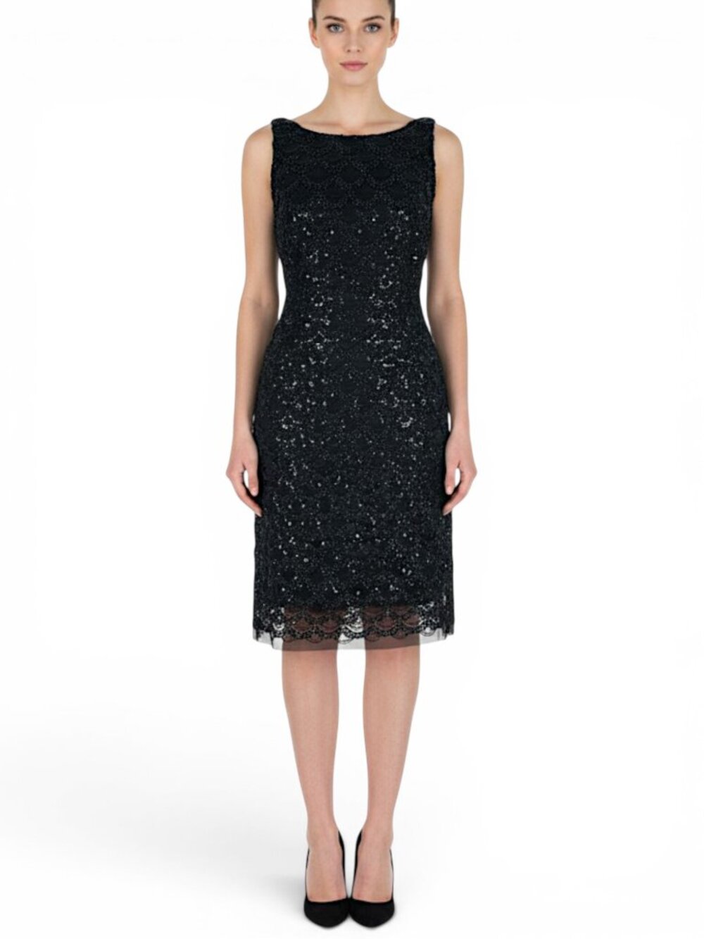 SD Collection Black Scalloped Sequin Sleeveless Stretch Evening Sheath Dress 8